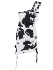 Ruffled Tie-Dye Single Shoulder Mini Dress - Trendsi