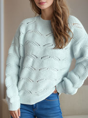 Openwork Round Neck Dropped Shoulder Sweater - Trendsi