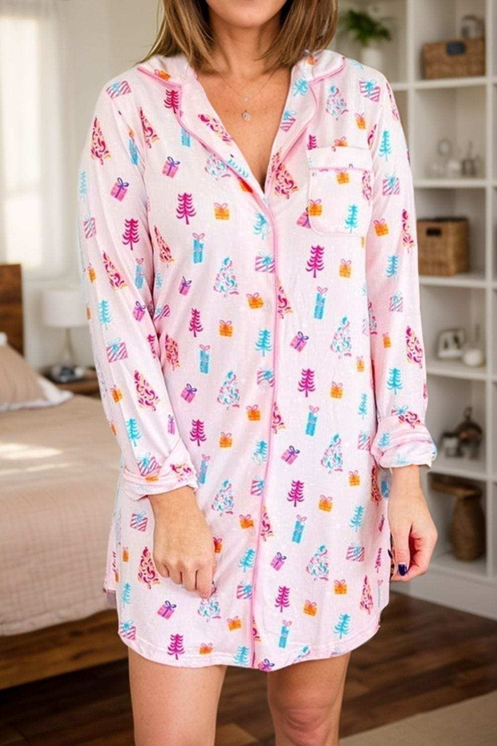 Printed Collared Neck Long Sleeve Lounge Dress - Trendsi - Flyclothing LLC