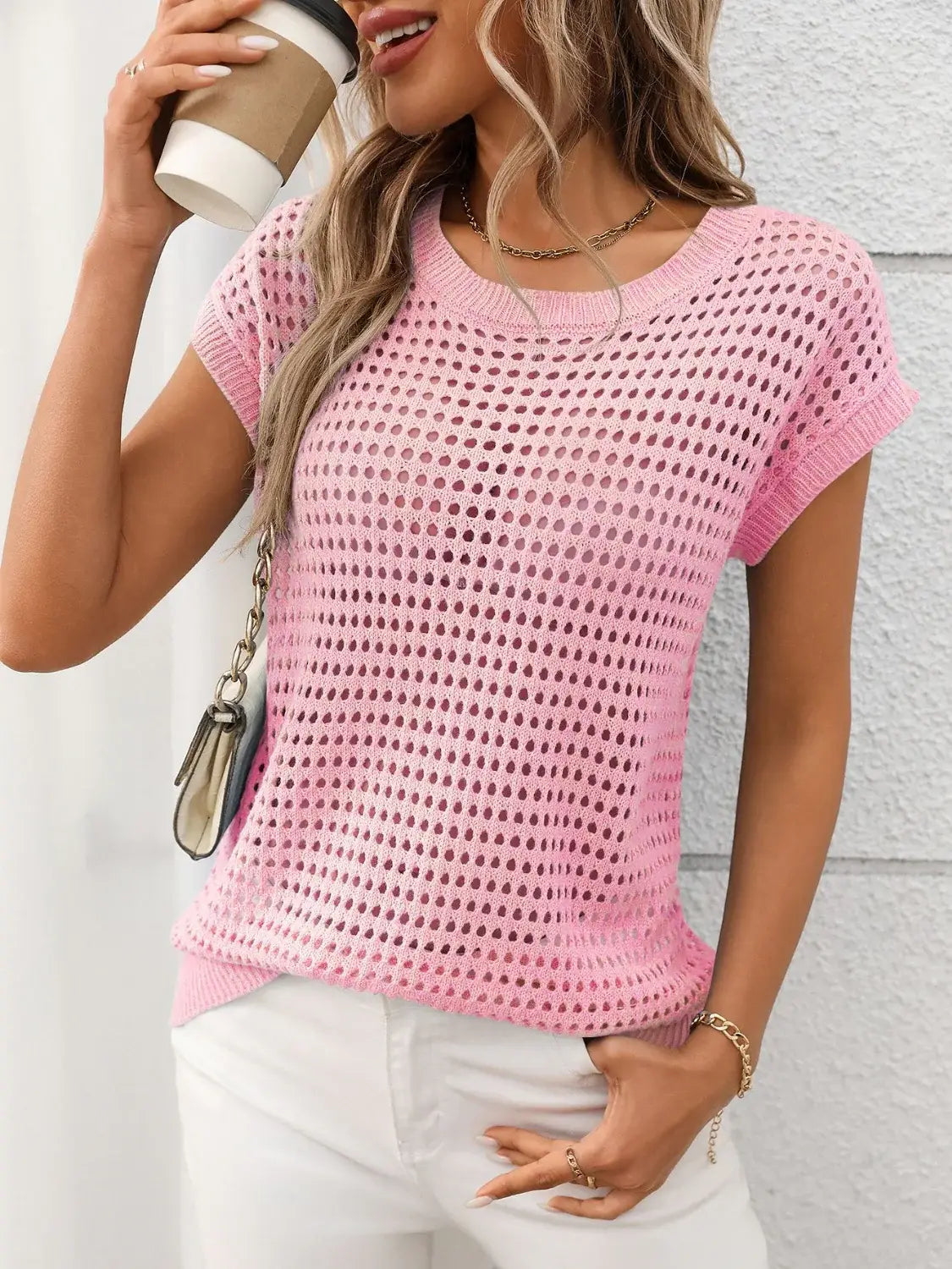 Openwork Round Neck Short Sleeve Knit Cover Up - Trendsi - Flyclothing LLC