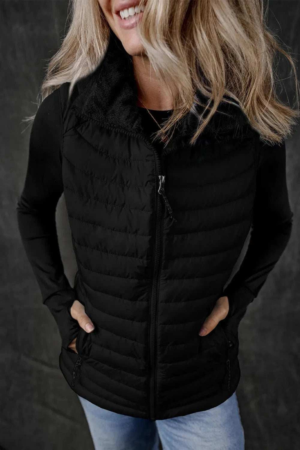 Pocketed Zip Up Vest Coat - Trendsi - Flyclothing LLC