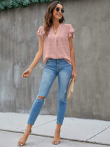 Swiss Dot Notched Flutter Sleeve Blouse - Trendsi - Flyclothing LLC