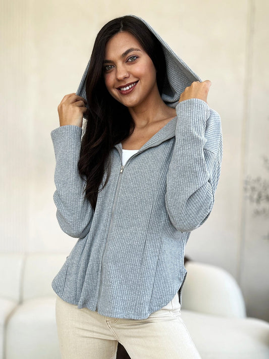 Culture Code Full Size Ribbed Zip Up Drawstring Hooded Jacket - Trendsi