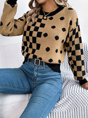 Plaid Round Neck Long Sleeve Sweater - Trendsi