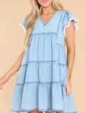 Ruffled Raw Hem Cap Sleeve V-Neck Denim Dress - Trendsi