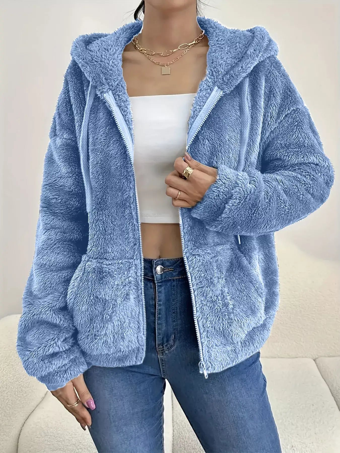 Drawstring Fleece Zip-Up Outerwear - Trendsi - Flyclothing LLC