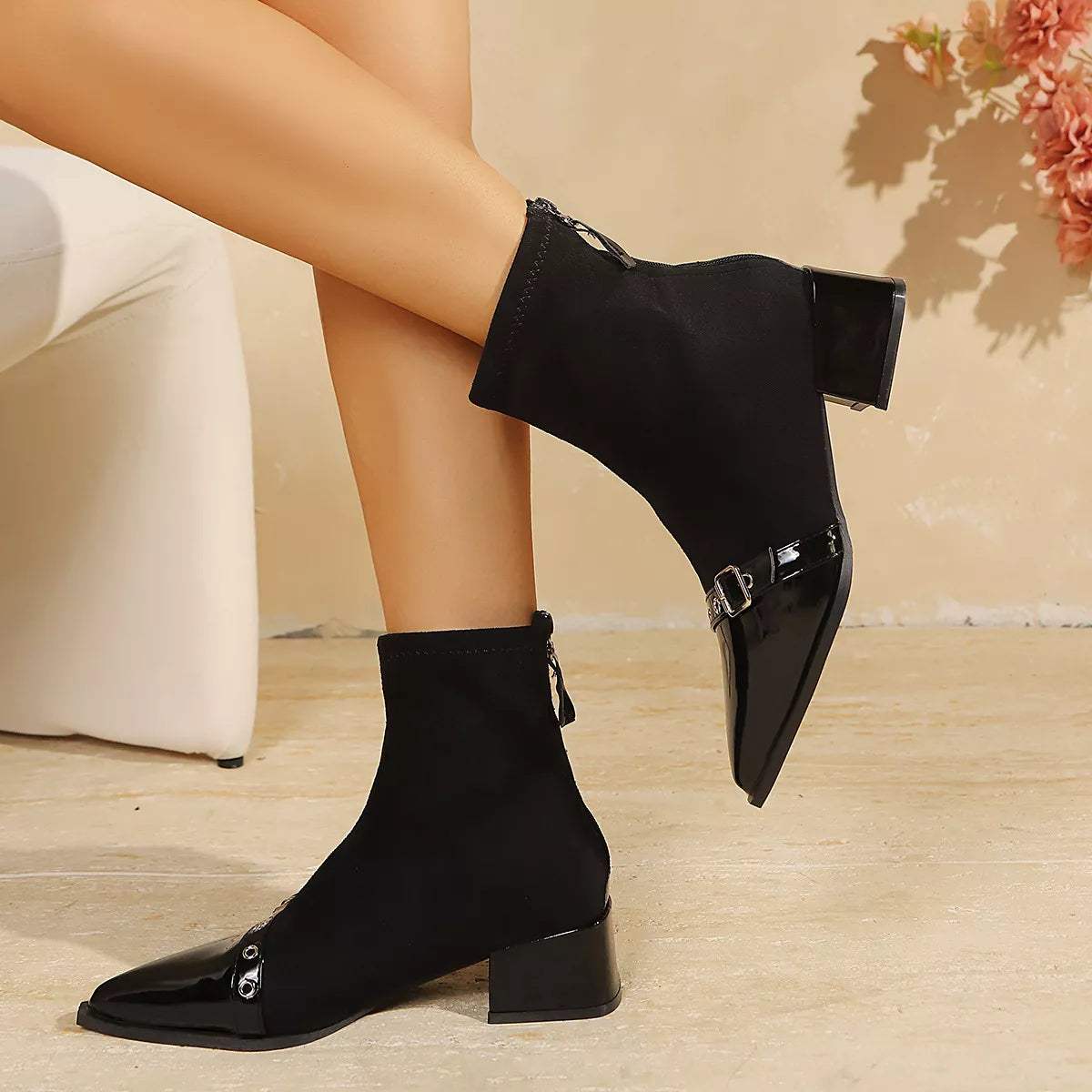 Chic Pointed Toe Sock Boots with Buckle Detail - Trendsi - Flyclothing LLC