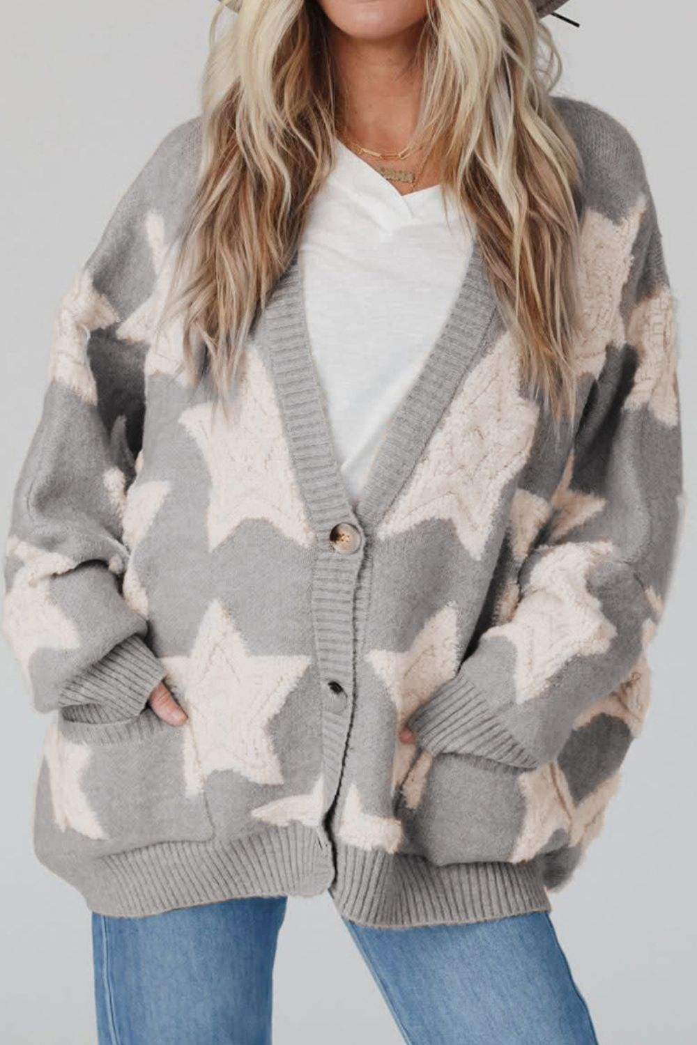 Star Button Up Long Sleeve Cardigan - Trendsi - Flyclothing LLC