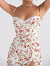 Floral Print Lace Trim Slit Midi Dress - Trendsi - Flyclothing LLC
