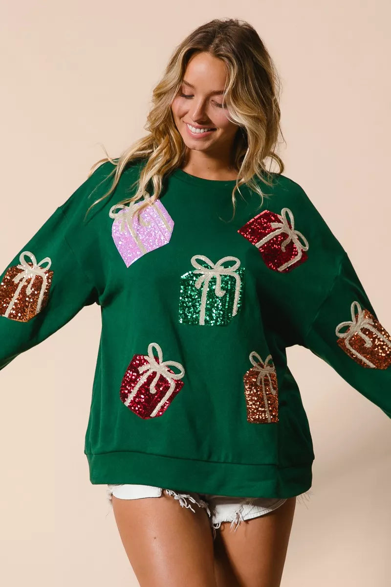 BiBi Sequin Christmas Gift Box Embroideries Pullover - Trendsi - Flyclothing LLC