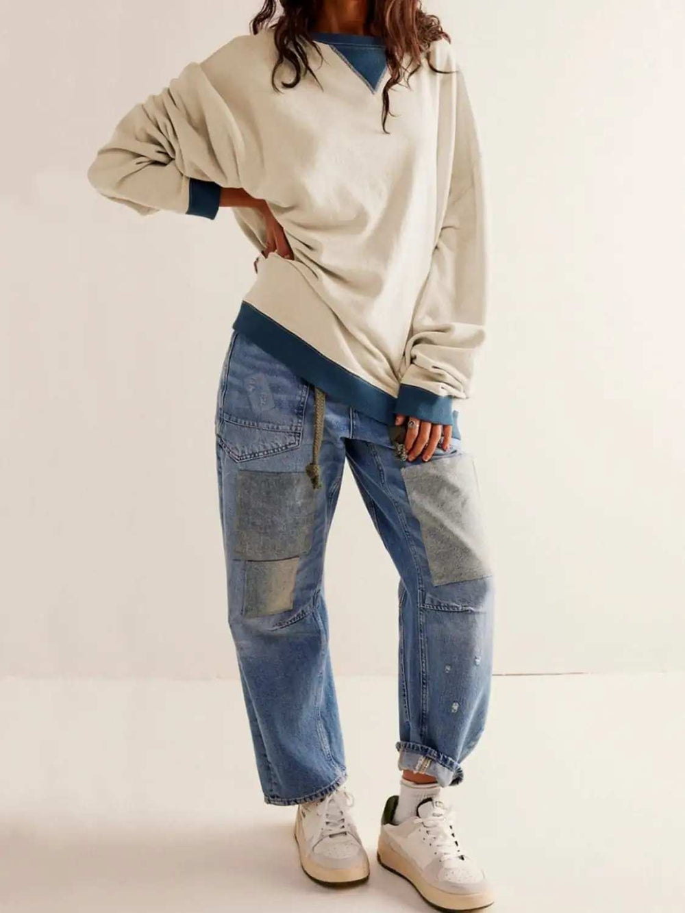 Contrast Dropped Shoulder Long Sleeve Sweatshirt - Trendsi - Flyclothing LLC