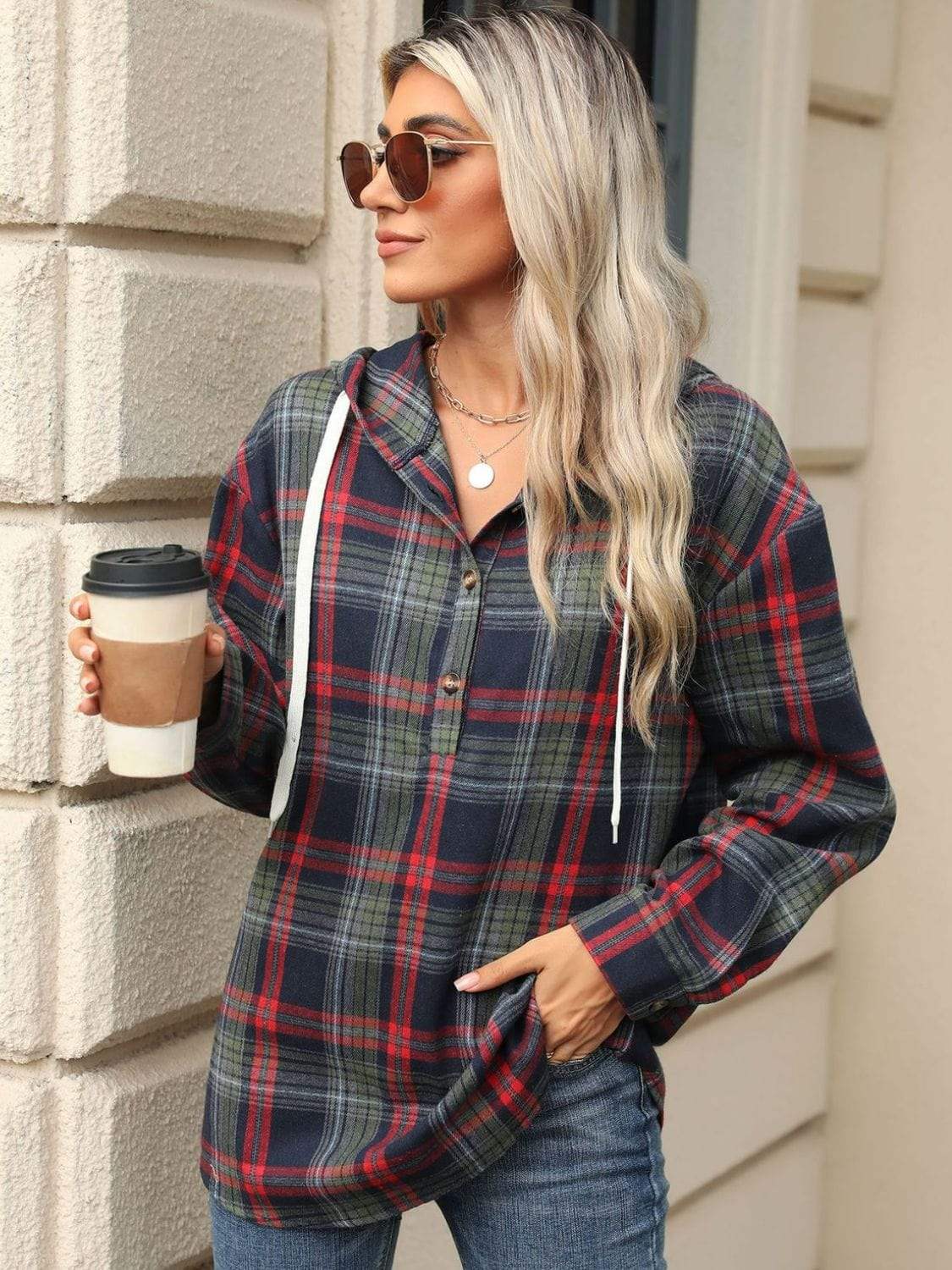 Drawstring Plaid Hooded Long Sleeve Top - Trendsi - Flyclothing LLC