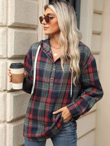 Drawstring Plaid Hooded Long Sleeve Top - Trendsi - Flyclothing LLC