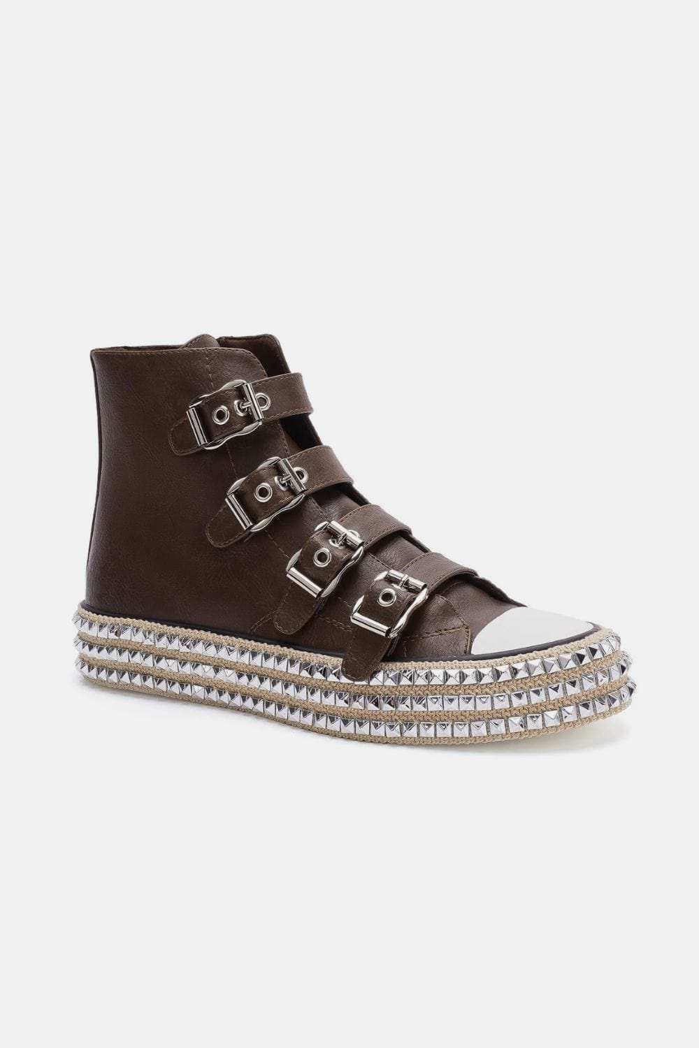 Beast Fashion Multi-Buckle Straps Studded Platform Sneakers - Trendsi - Flyclothing LLC