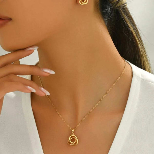 18K Gold-Plated Twisted Knot Necklace and Earrings Jewelry Set - Trendsi - Flyclothing LLC
