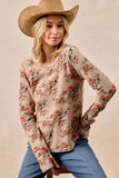 BiBi Floral Print Washed Waffle Thermal Top with Thumb - Trendsi - Flyclothing LLC