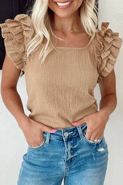 Ruffled Square Neck Textured Cap Sleeve Top - Trendsi - Flyclothing LLC