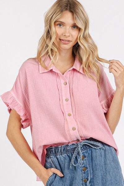 Mittoshop Mineral Washed Button Down Flounce Sleeve Shirt - Trendsi - Flyclothing LLC