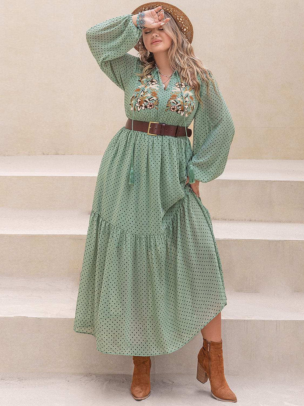 Plus Size Tassel Printed Tie Neck Long Sleeve Midi Dress - Trendsi - Flyclothing LLC