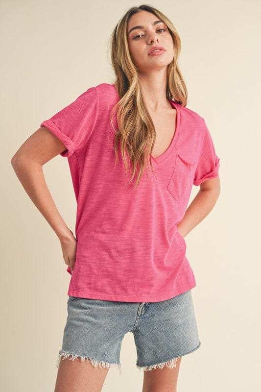 Aemi + Co Side Slit V-Neck Short Rolled Sleeve T-Shirt - Trendsi - Flyclothing LLC
