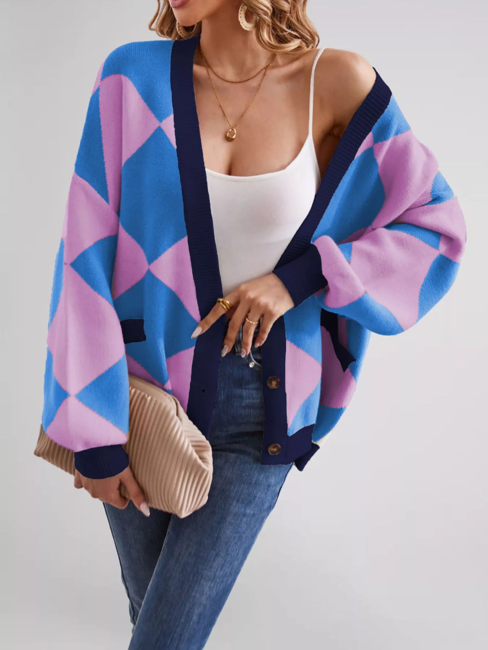 Diamond Pattern Button-Up Knit Cardigan - Trendsi - Flyclothing LLC