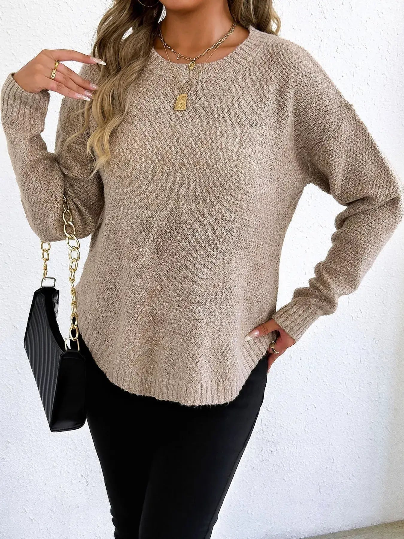 Textured Knit Relaxed Fit Round Neck Sweater - Trendsi - Flyclothing LLC