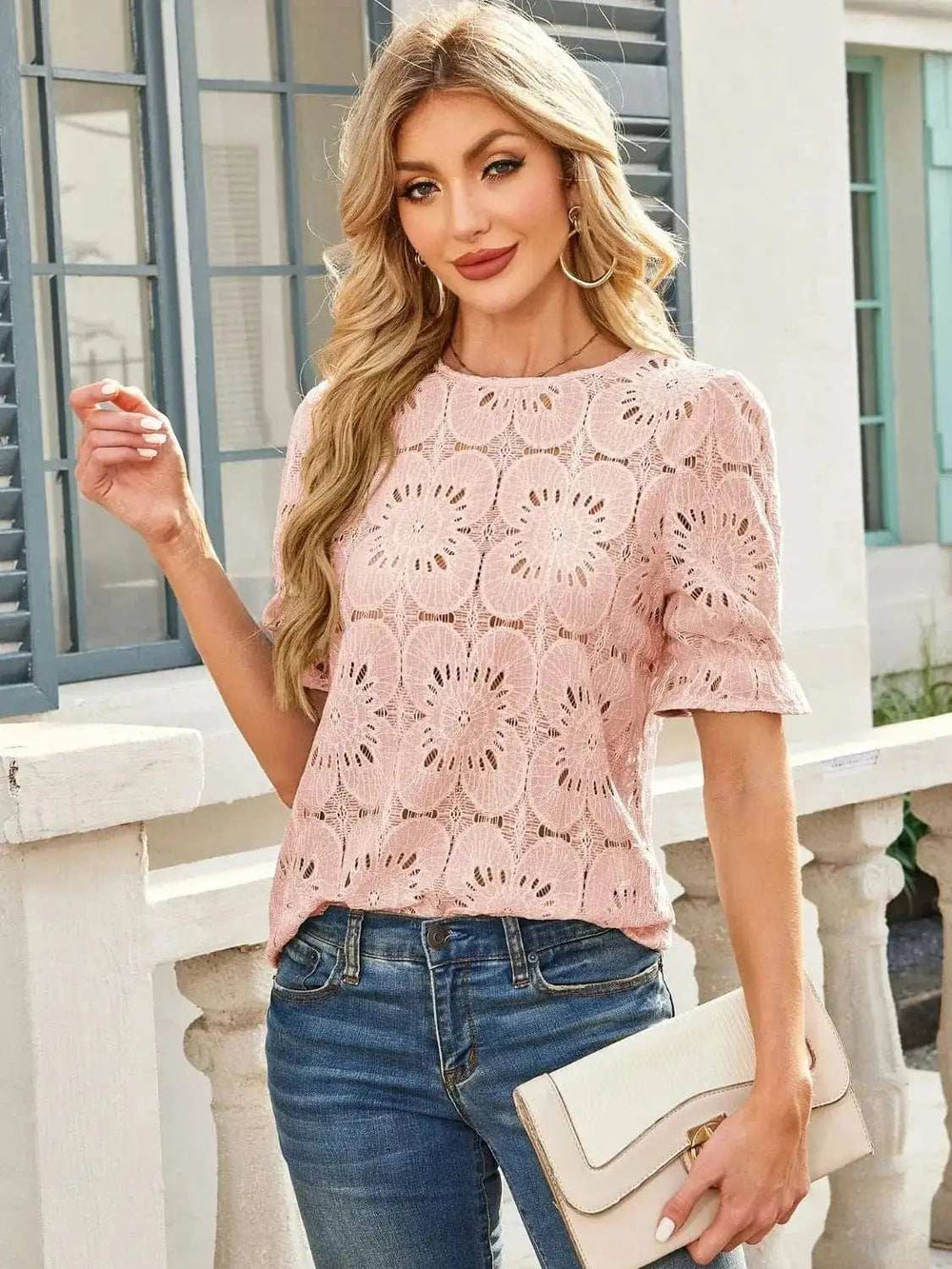 Openwork Round Neck Short Sleeve Top - Trendsi