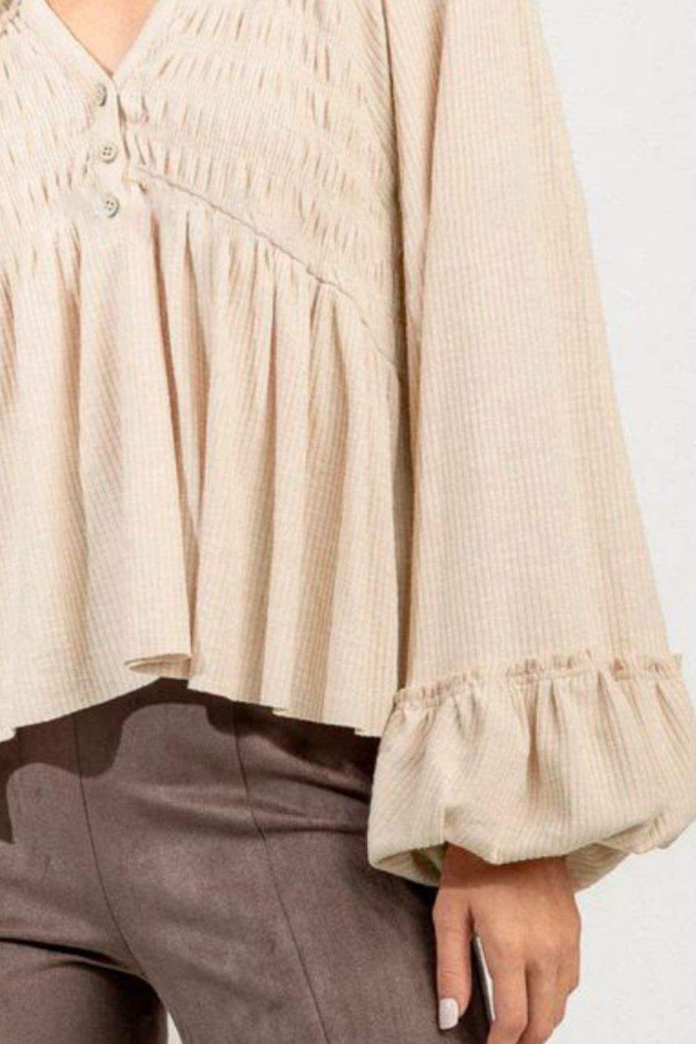 Notched Balloon Sleeve Peplum Blouse - Trendsi - Flyclothing LLC