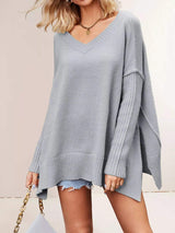 V-Neck Ribbed Sleeve Sweater - Trendsi - Flyclothing LLC