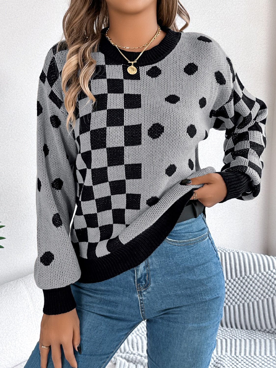 Plaid Round Neck Long Sleeve Sweater - Trendsi
