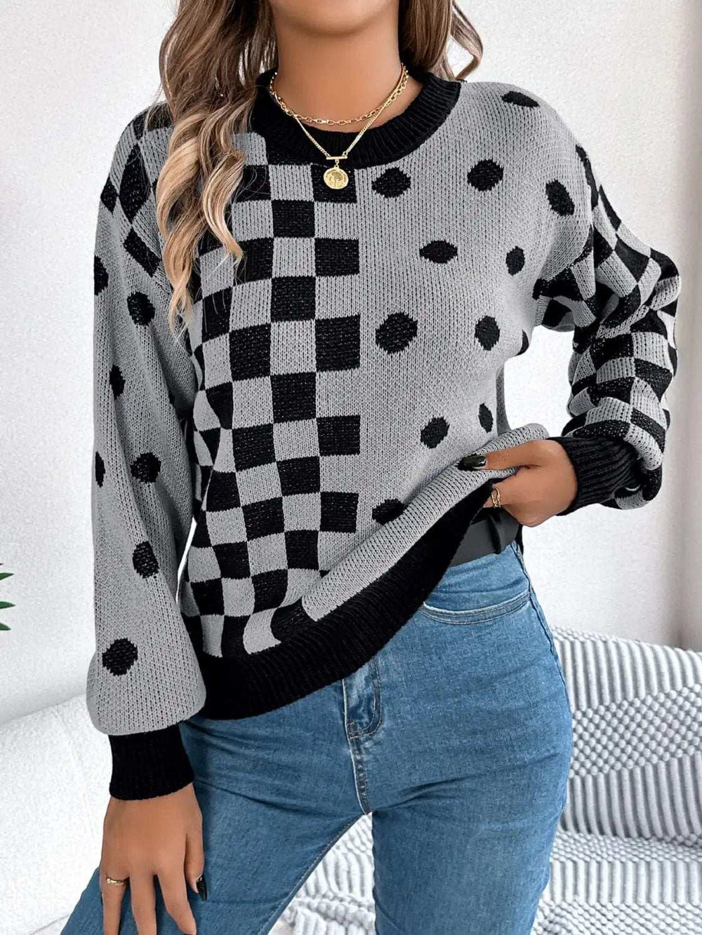 Plaid Round Neck Long Sleeve Sweater - Trendsi - Flyclothing LLC