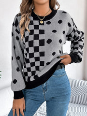 Plaid Round Neck Long Sleeve Sweater - Trendsi