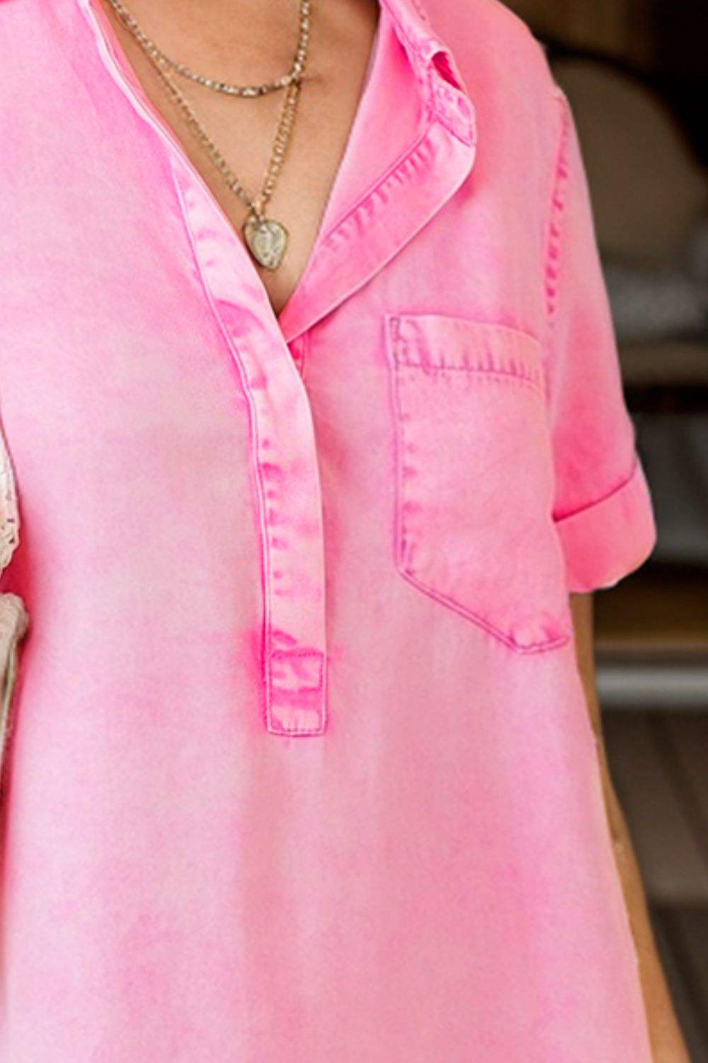 Pocketed Collared Neck Short Sleeve Denim Dress - Trendsi - Flyclothing LLC