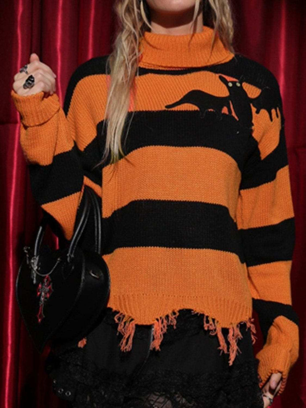 Raw Hem Contrast Turtleneck Long Sleeve Sweater - Trendsi - Flyclothing LLC