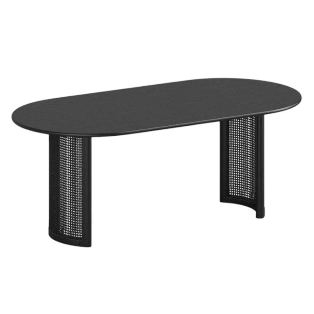 79" Black Solid Wood Double And Rattan Pedestal Base Oval Dining Table - HomeRoots - Flyclothing LLC