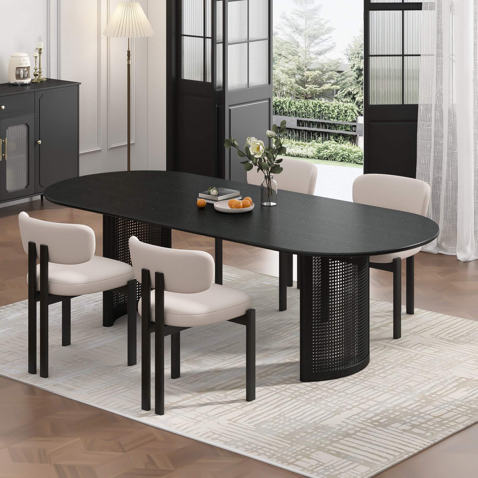 79" Black Solid Wood Double And Rattan Pedestal Base Oval Dining Table - HomeRoots - Flyclothing LLC