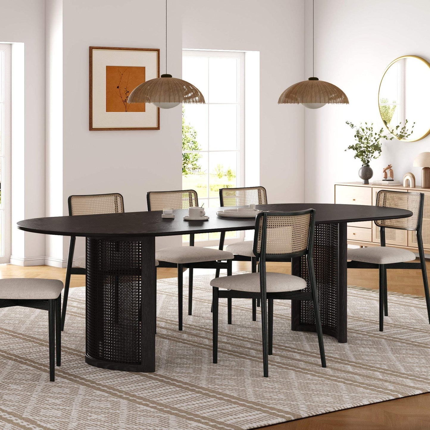 79" Black Solid Wood Double And Rattan Pedestal Base Oval Dining Table - HomeRoots - Flyclothing LLC