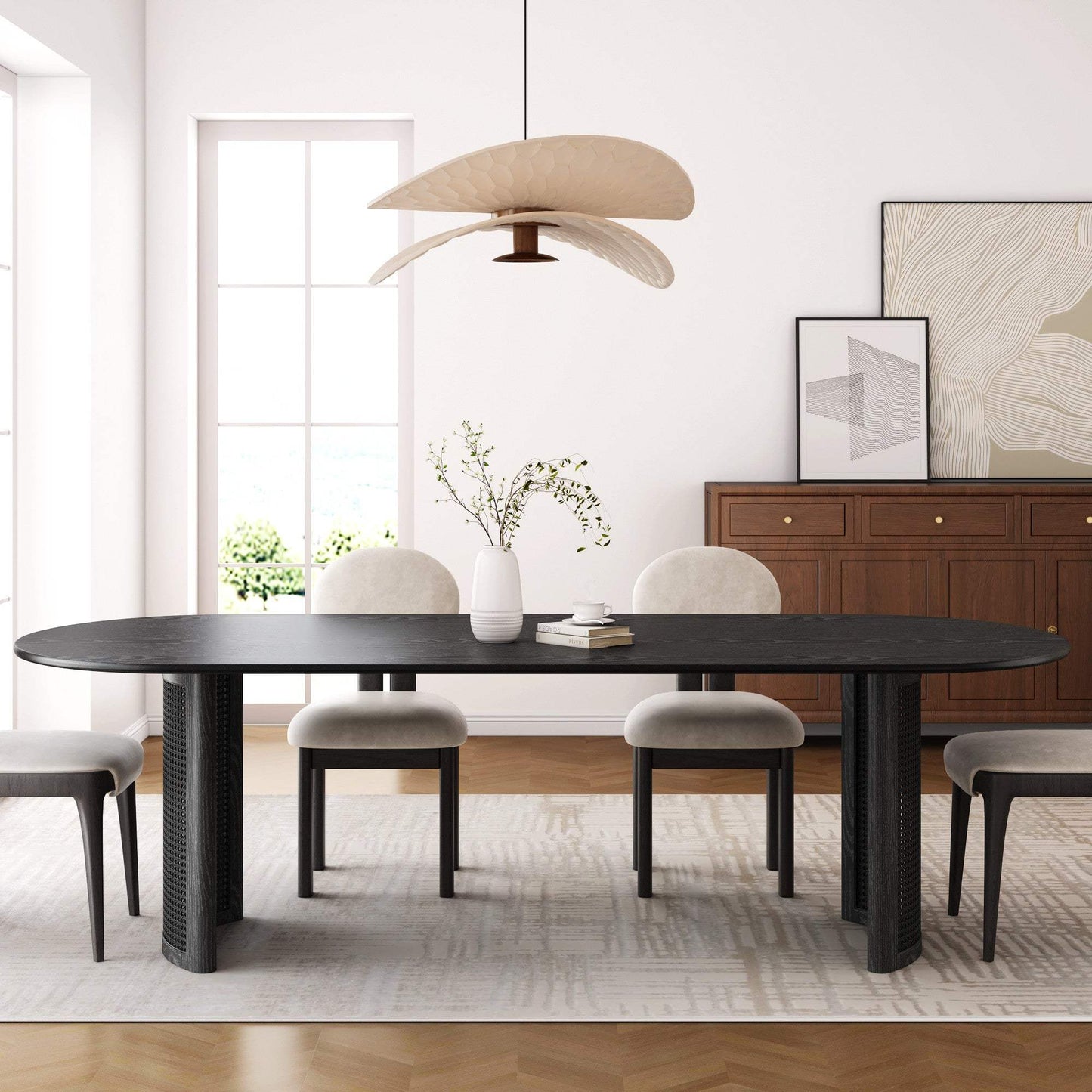 79" Black Solid Wood Double And Rattan Pedestal Base Oval Dining Table - HomeRoots - Flyclothing LLC