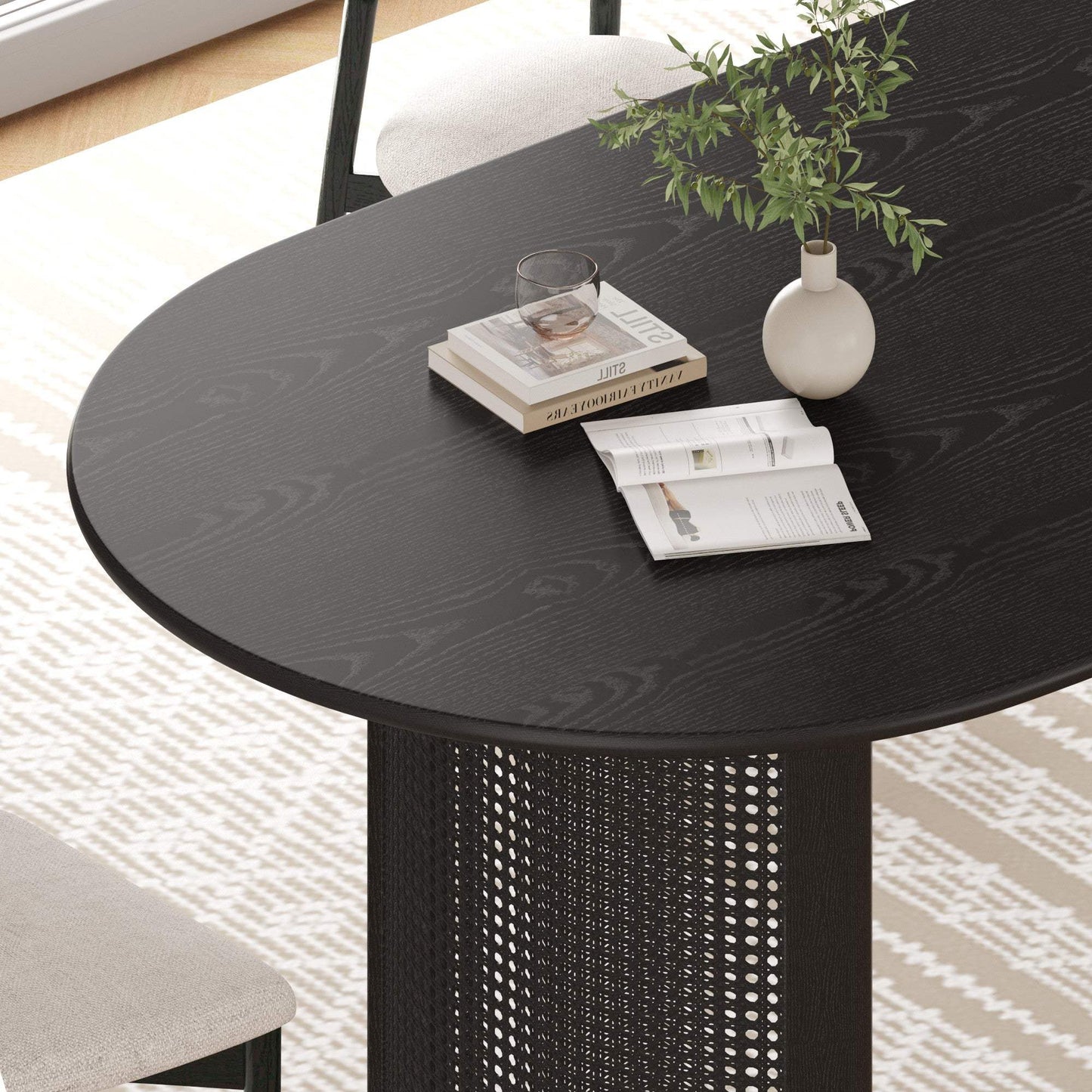 79" Black Solid Wood Double And Rattan Pedestal Base Oval Dining Table - HomeRoots - Flyclothing LLC