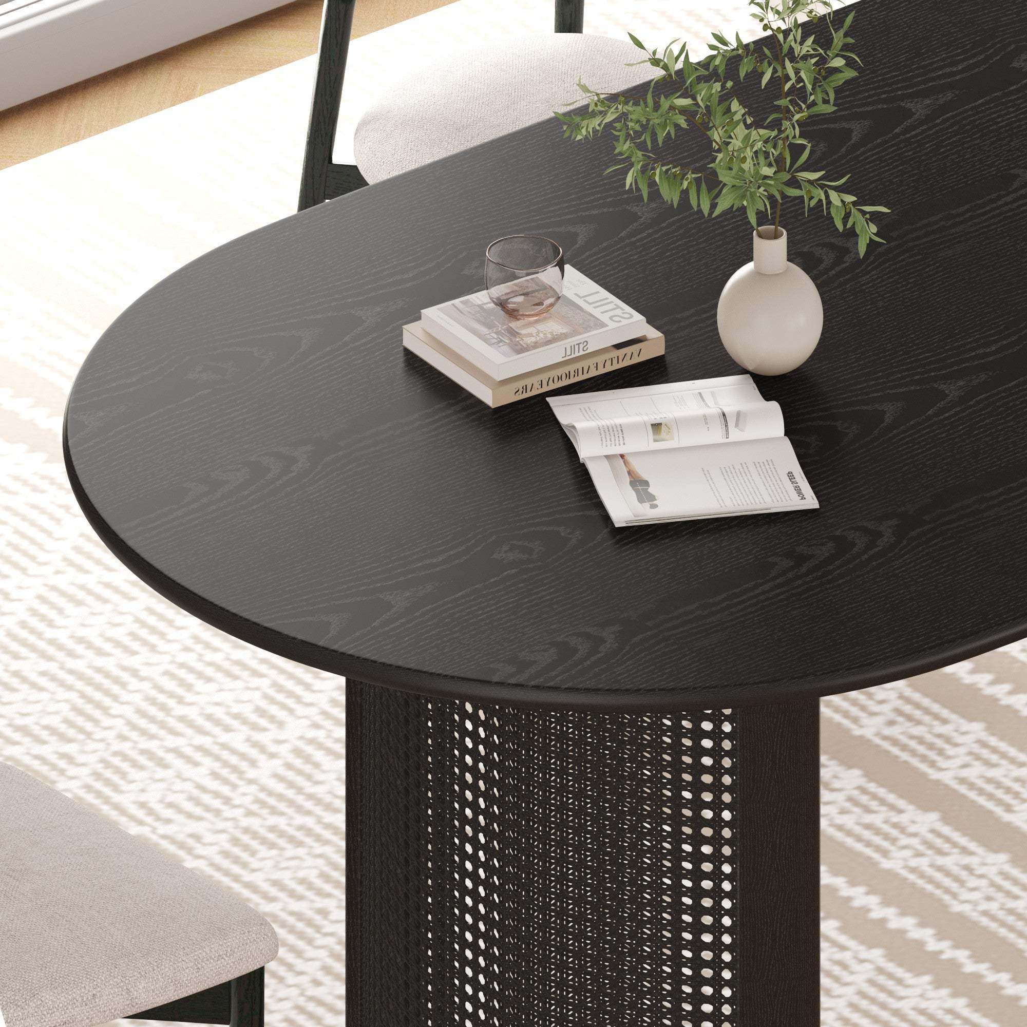 79" Black Solid Wood Double And Rattan Pedestal Base Oval Dining Table - HomeRoots - Flyclothing LLC