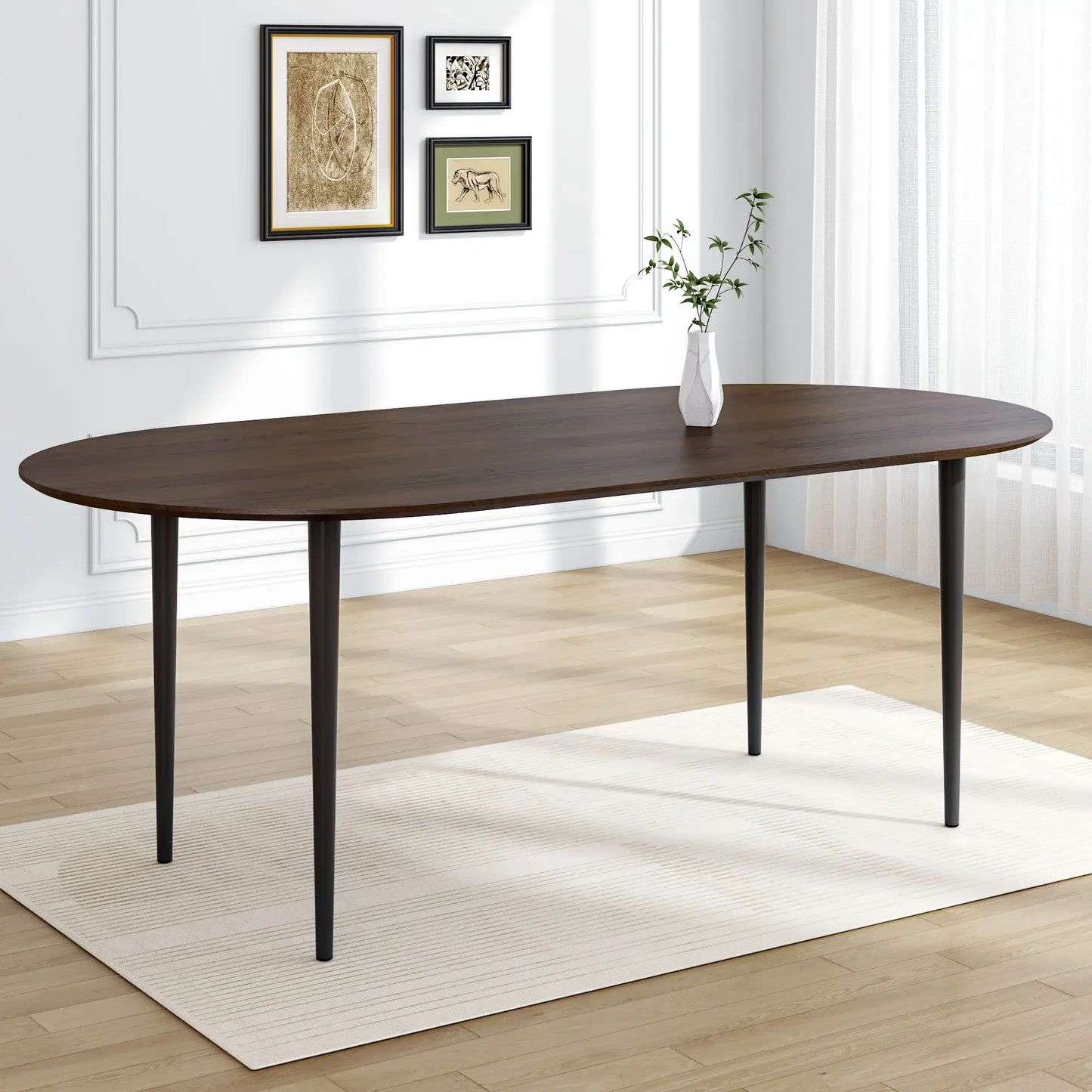 67" Walnut and Black Solid Wood Oval Dining Table - Homeroots - Flyclothing LLC