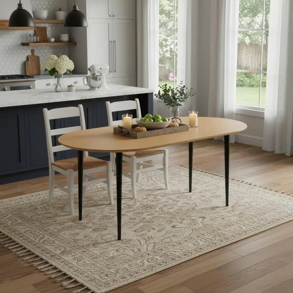 67" Natural and Black Solid Wood Oval Dining Table - Homeroots - Flyclothing LLC