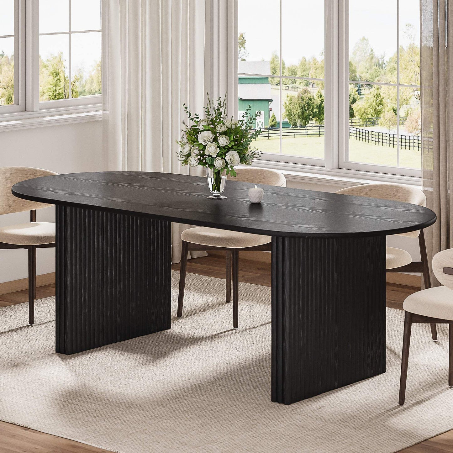 79" Black Solid Wood Double Pedestal Base Oval Dining Table - HomeRoots - Flyclothing LLC
