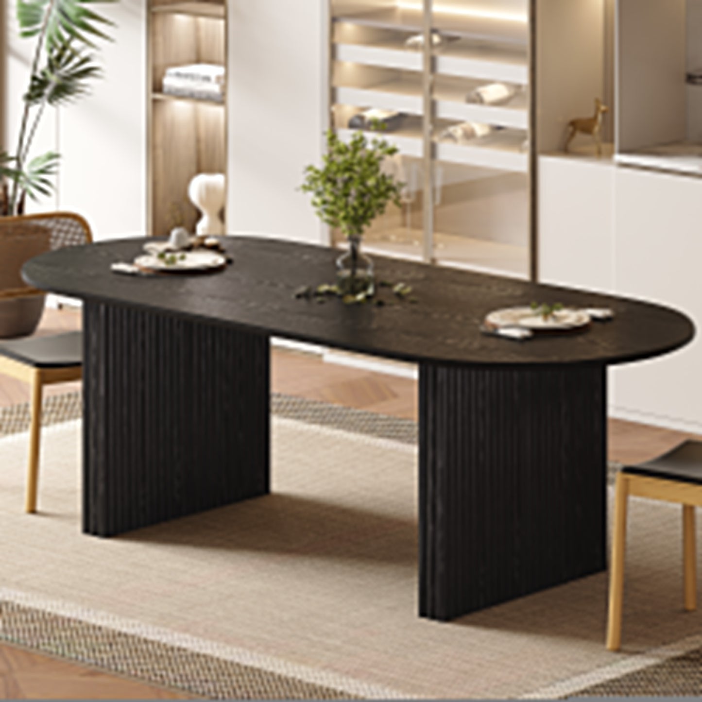 79" Black Solid Wood Double Pedestal Base Oval Dining Table - HomeRoots - Flyclothing LLC
