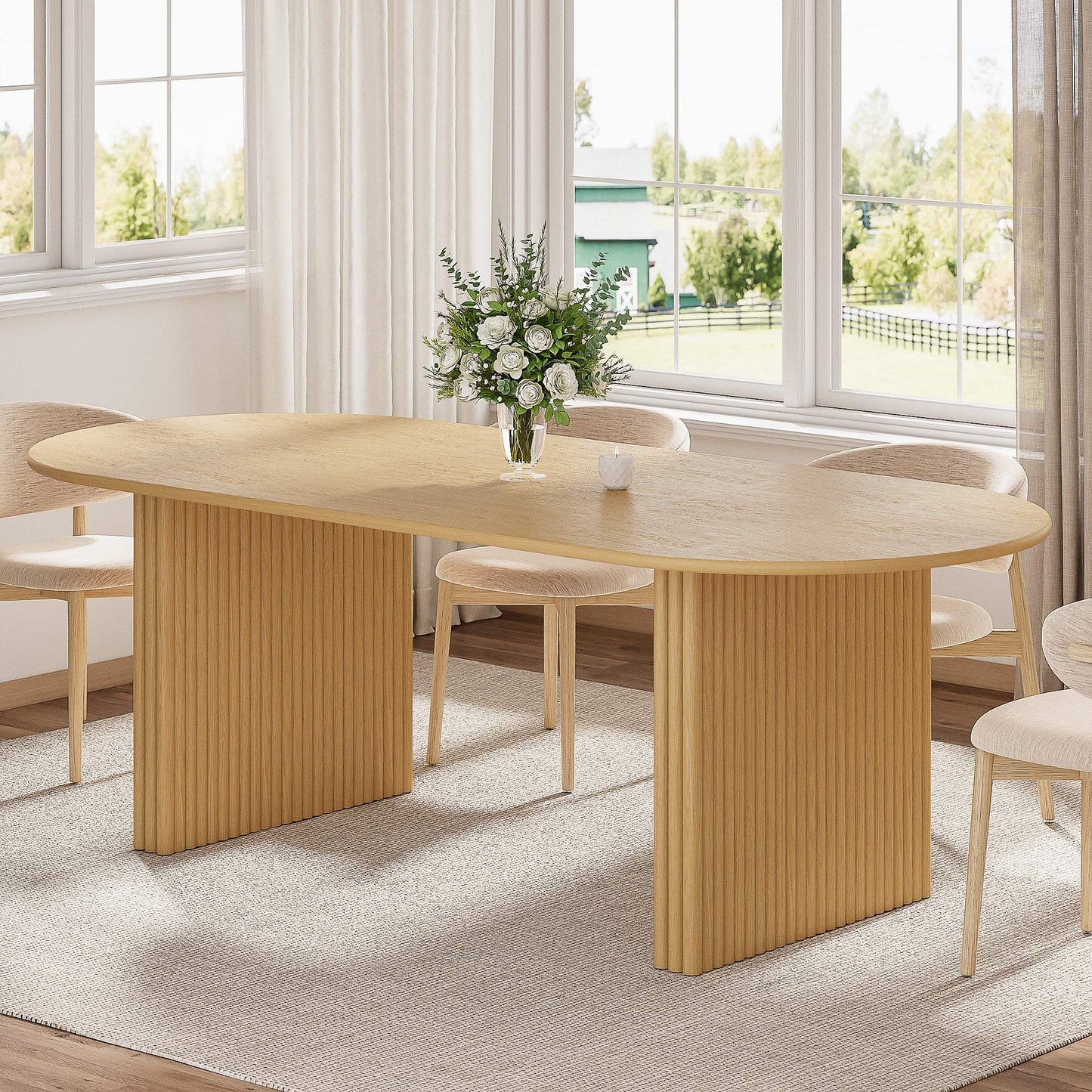 79" Natural Solid Wood Double Pedestal Base Oval Dining Table - Homeroots - Flyclothing LLC