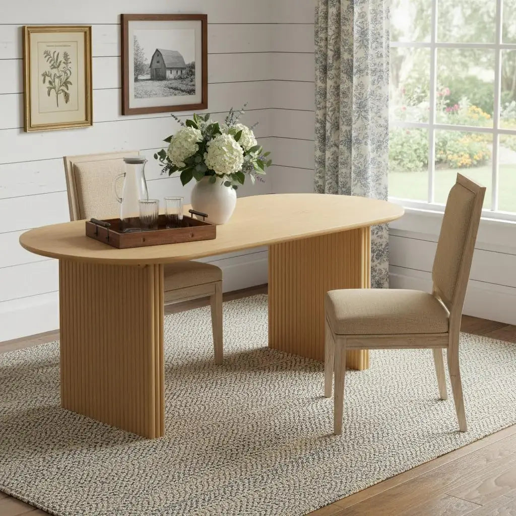 79" Natural Solid Wood Double Pedestal Base Oval Dining Table - Homeroots - Flyclothing LLC