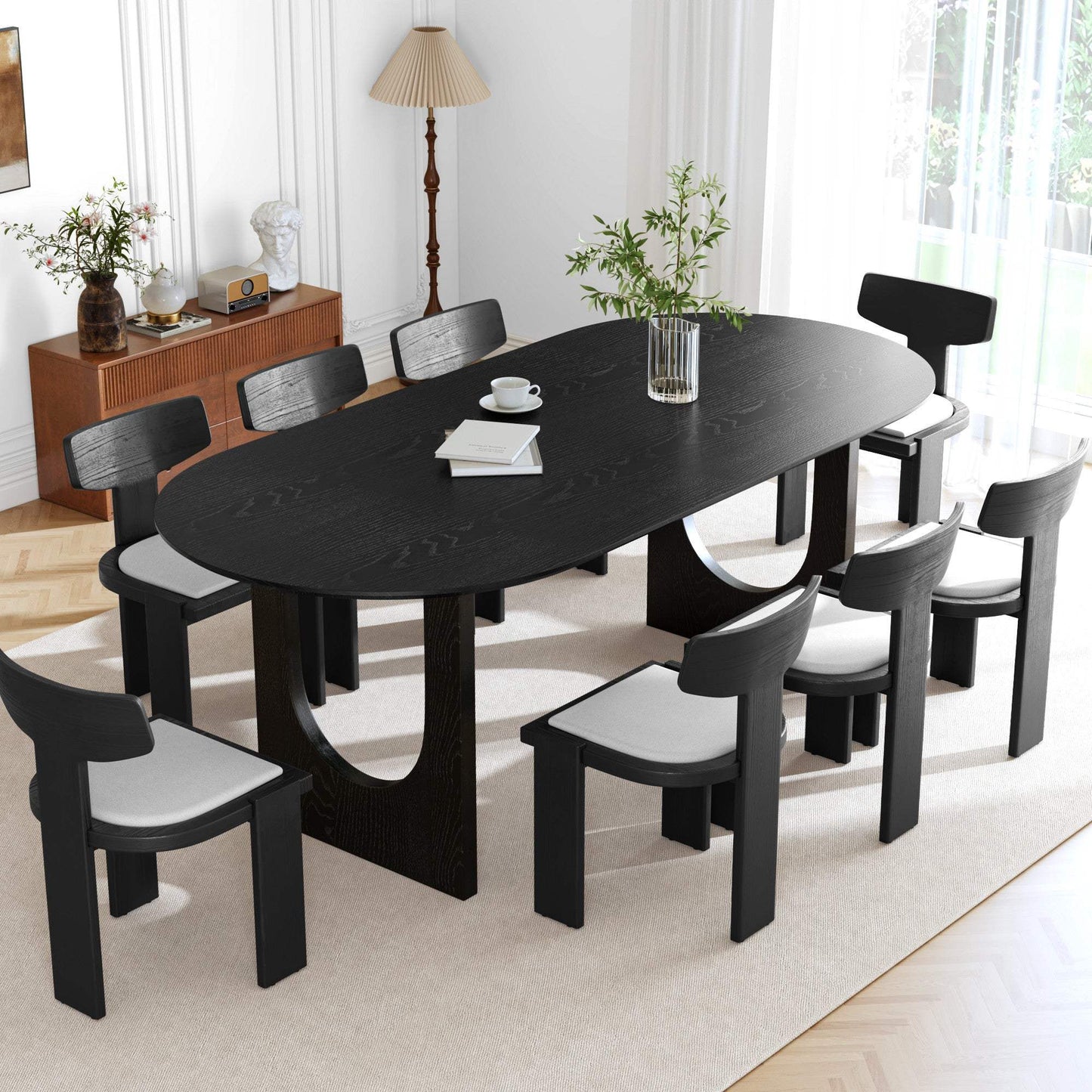 79" Black Solid Wood Geo Double Pedestal Base Oval Dining Table - HomeRoots - Flyclothing LLC