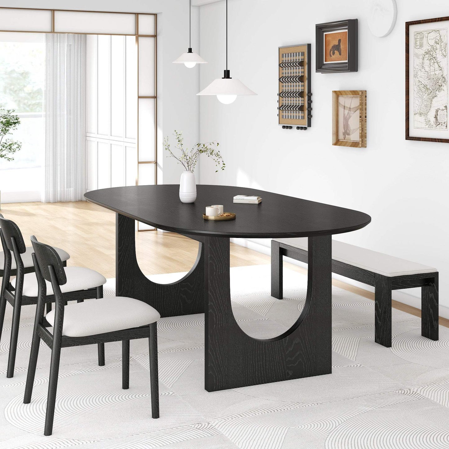 79" Black Solid Wood Geo Double Pedestal Base Oval Dining Table - HomeRoots - Flyclothing LLC