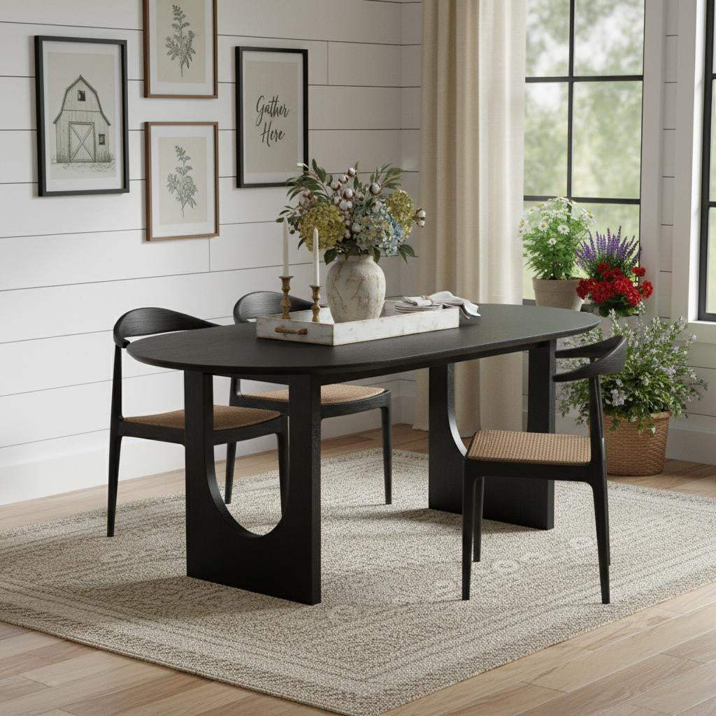 79" Black Solid Wood Geo Double Pedestal Base Oval Dining Table - HomeRoots - Flyclothing LLC