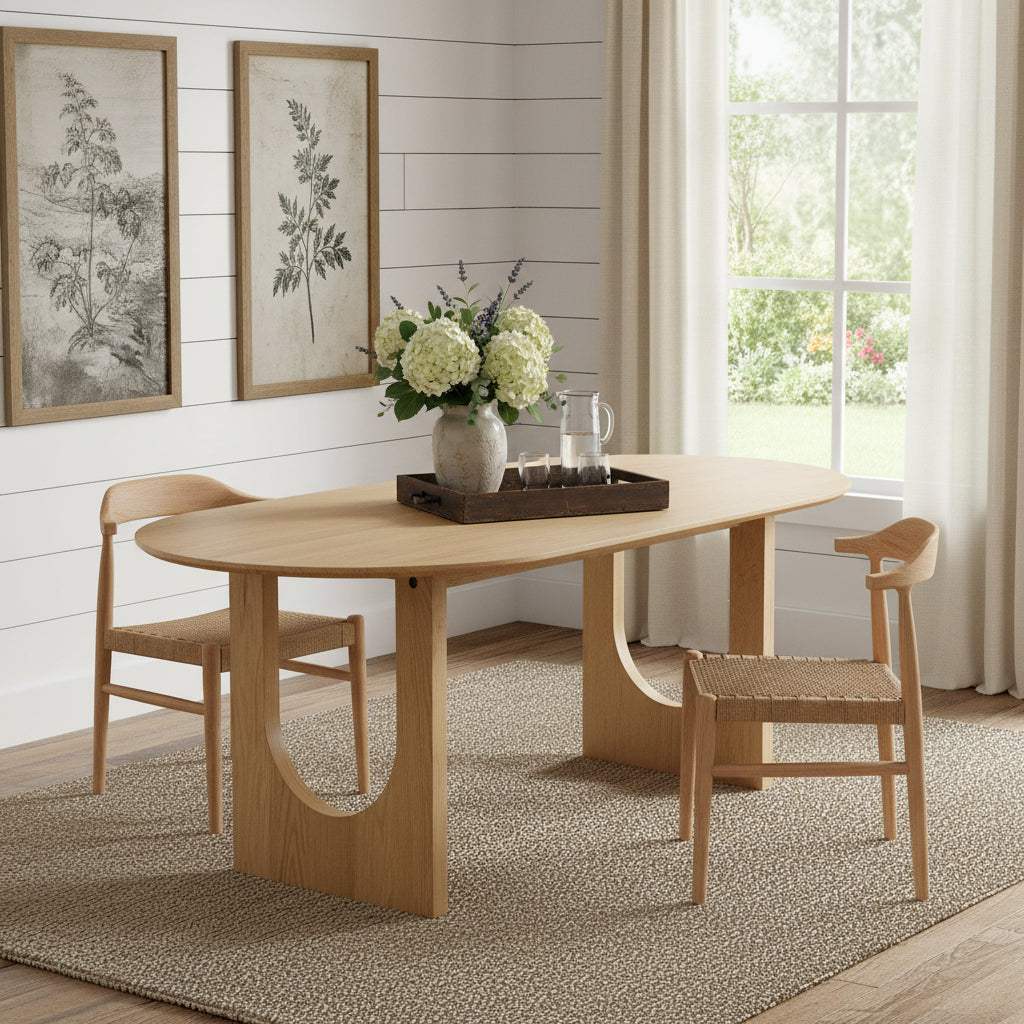 79" Natural Solid Wood Double Pedestal Base Oval Dining Table - HomeRoots - Flyclothing LLC